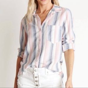 Bella Dahl Linen Blend Frayed Hem Button Down Stripe Blouse
